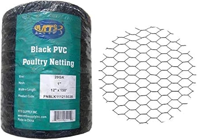 PVC Hexagonal Poultry Netting Chicken Wire 12" x150' x 1" Mesh 20GA Black