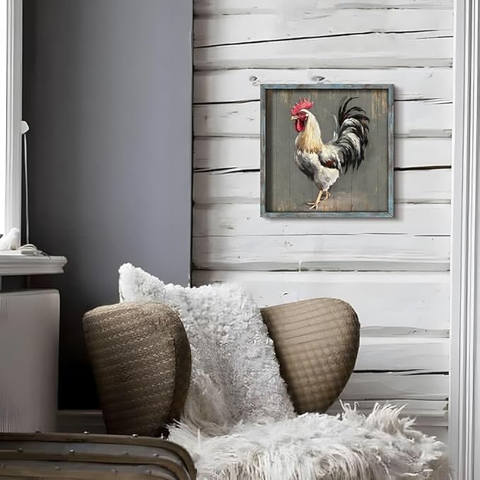 Rooster Wooden Wall Art Decor: Farm Cock Picture Country Animal Framed Artwork Rustic Farmhouse Chicken Painting for the Kitchen Living Room 16"x16"