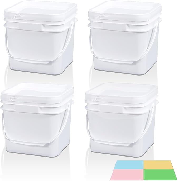 Bucket with Lid - 4 Packs Square Clear Plastic Storage Containers, Food Safe with Handle, Airtight Pressure Lids for Kitchen & Home (White, 0.8 gal)