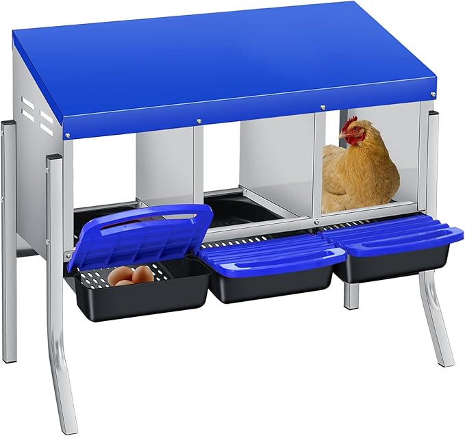 Chicken Nesting Box, 3-Hole Wall Mount Metal Chicken Nesting Box with Rollout Egg Collection & Easy-Clean Pull Out Tray, Roll Away Hen Roosting Boxes