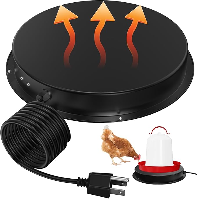 Chicken Water Heater for Winter, 11'' Heated Waterer Base for 1-5 Gallon Metal/Plastic Poultry Waterer, Built-in Thermostat (77℉ Auto Shut-Off), 110W Coop Heater with 6.6ft Power Cord