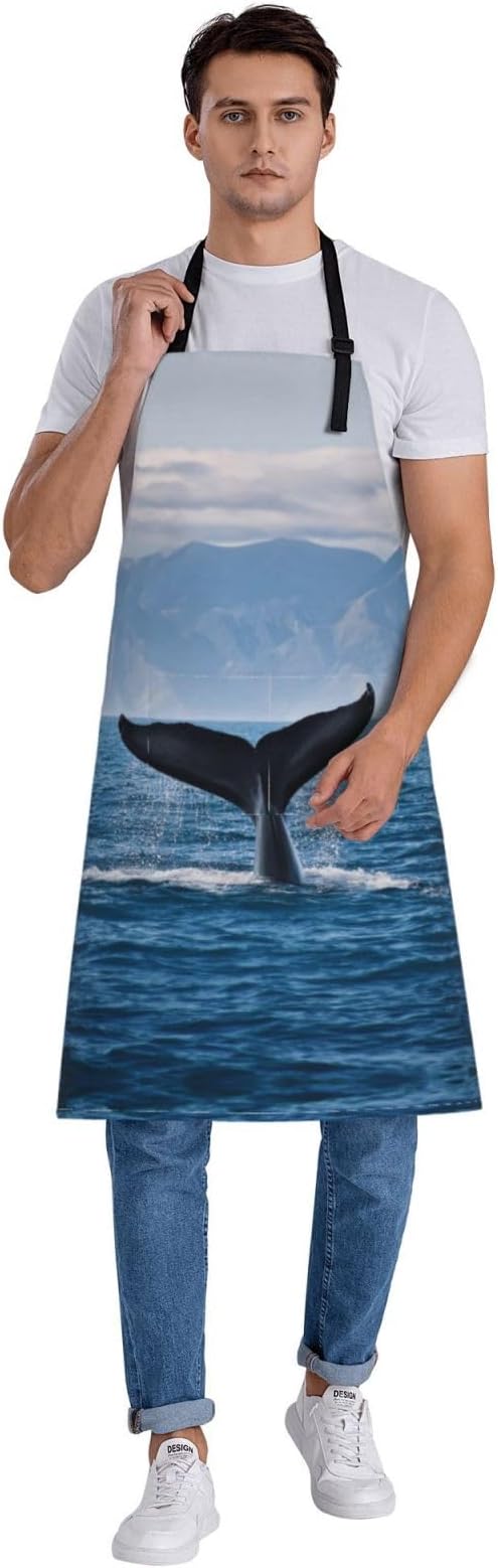 Kitchen Aprons for Men Women Waterproof Apron with 2 Pockets Whale Tail Apron Adjustable Bib Aprons