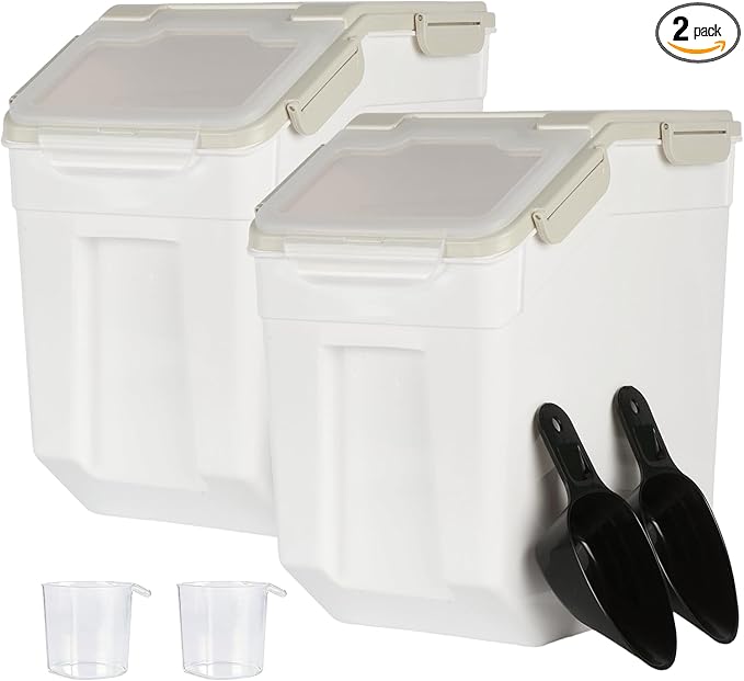Saim Flour Storage Containers 25lb, 2Pack Airtight Rice Storage Containers with Wheels, Rice Dispenser with Measuring Cup,Scoop for Flour, Grain, Cereal, Pet Food Organizer - Grey