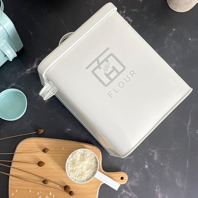 TOYANDONA Multi-function Flour and Rice Storage Container with Airtight Seal, Vintage White Metal Food Bin for Household Kitchen Pantry Organization