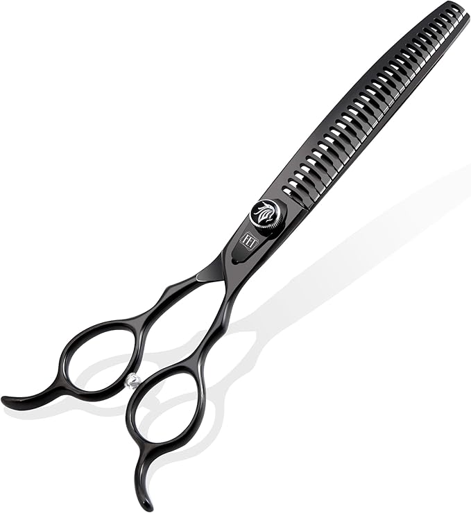 Dog Grooming Scissors: 7.5 inch Bright Black Professional Pet Curved Chunker Shears Made Of Japanese 440C Advanced Stainless Steel for Dogs Cats and Other Pets