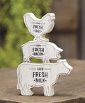 Hearthside Farmhouse Animal Wood Shelf Sitter Stack - Set of 3 - Cow Pig Chicken - Fresh Milk Fresh Bacon Fresh Eggs - Country Distressed Decor