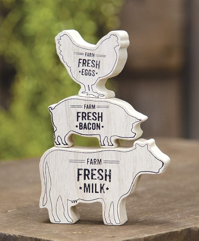 Hearthside Farmhouse Animal Wood Shelf Sitter Stack - Set of 3 - Cow Pig Chicken - Fresh Milk Fresh Bacon Fresh Eggs - Country Distressed Decor