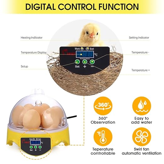 HOWOOIUA Egg Incubator 360° View 7 Eggs Poultry Incubator for Hatching Chickens with Manual Temperature a for Chicken, Quail, Parrot Eggs
