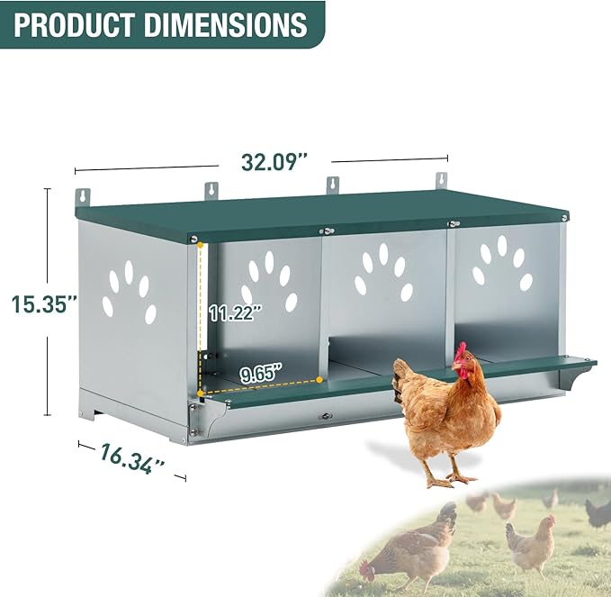 3 Compartment Metal Chicken Nesting Box, Roll Out Hen Laying Box for Easy Egg Collection, Wall Mount Poultry Nest Box for Backyard Chickens, Green, 32.09" L x 16.34" W x 15.35" H