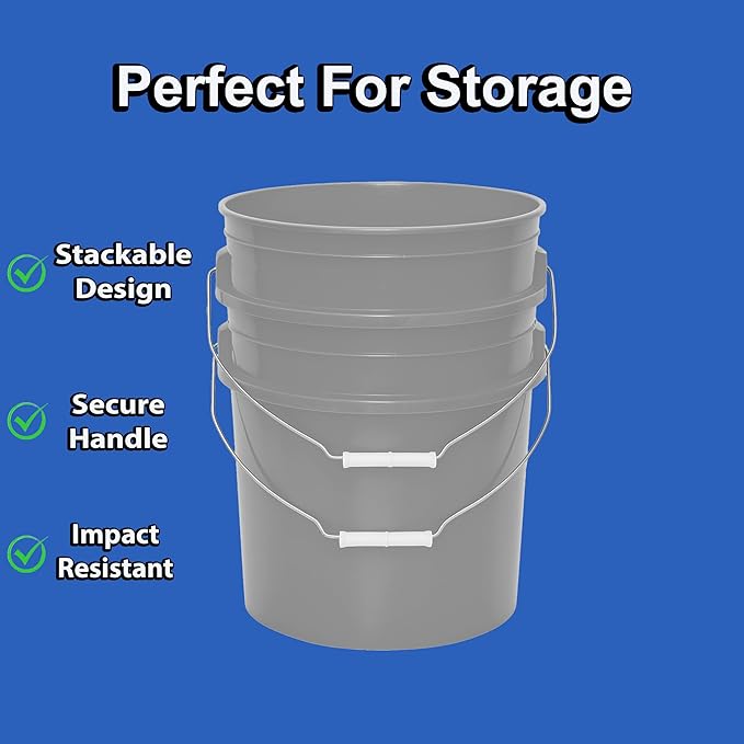 5-Gallon Bucket with Airtight Lid – Made in USA, Food Grade BPA Free Plastic, Heavy Duty Multi-Use, Metal Handle with Grip, Stackable Storage – Silver, 1 Pack