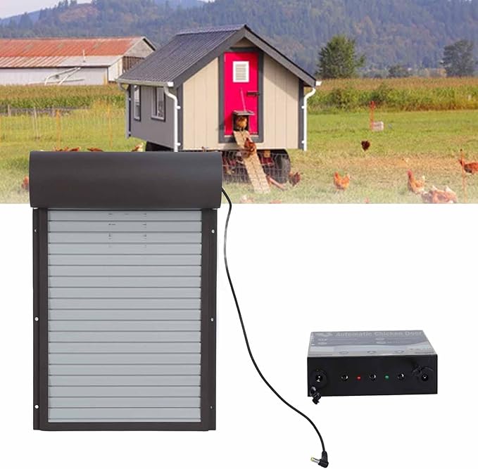 Automatic Chicken Coop Door, LED Display Controller Solar Powerd Metal Rolling Curtain Chicken House Door with Timer for Chicken Duck Poultry