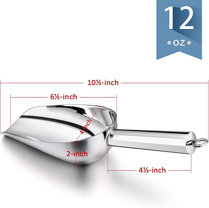 12 Ounce Ice Scoop Set of 2, E-far Stainless Steel Scoops for Ice Cube/Candy/Flour/Sugar, Metal Utility Scoops for Party, Baking, Kitchen Pantry, Rust Free & Dishwasher Safe