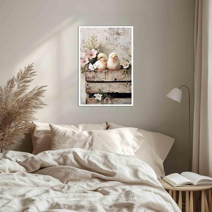 MNFGMH Farmhouse Easter Canvas Spring Chicks with Flowers Rustic Country Wall Art Spring Easter Wall Decoration Canvas Roll 16x24 inch