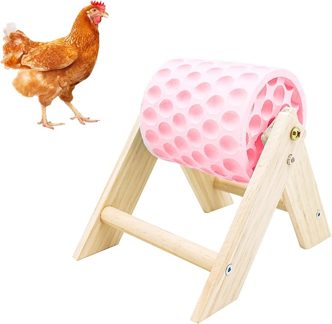 Chicken Coop Accessories, Beak Grinding Calcium Stone with Wooden Stand, Chicken Enrichment Toys, Toys for Hens, Ducks, Geese, Turkeys, Poultry, Pink