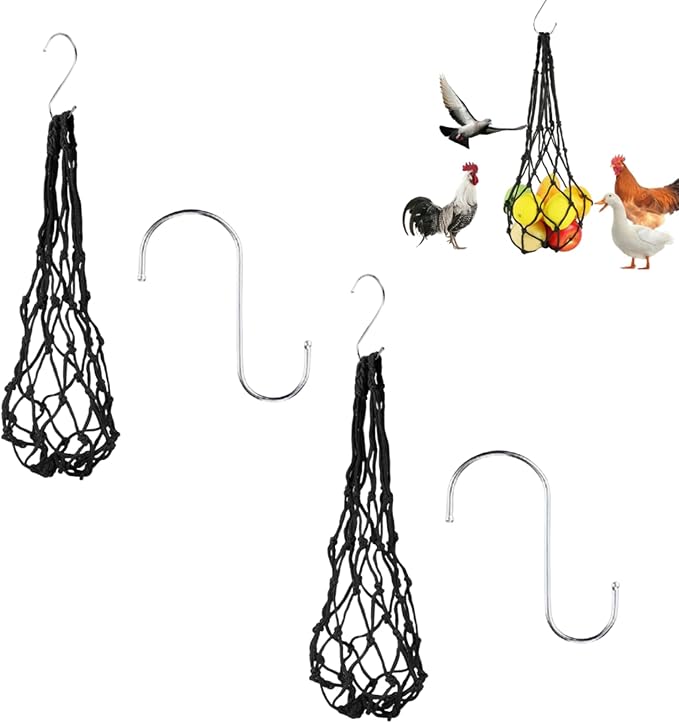 Reusable Hanging Chicken Feeder with S Hooks, Chicken Coop Flock Block Hanging Bag, Vegetable Fruit Mesh Bag for Hens Ducks Geese Poultry, Cabbage Holder Vertical Garden Accessories (Black-2pcs)