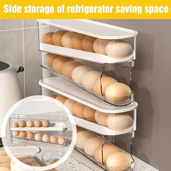 2026 New Egg Holder for Fridge, Egg Organizer for Refrigerator Automatic Scrolling Eggs Rack Holder Rolling Dispenser Stackable Container and Storage for Refrigerator with Lid