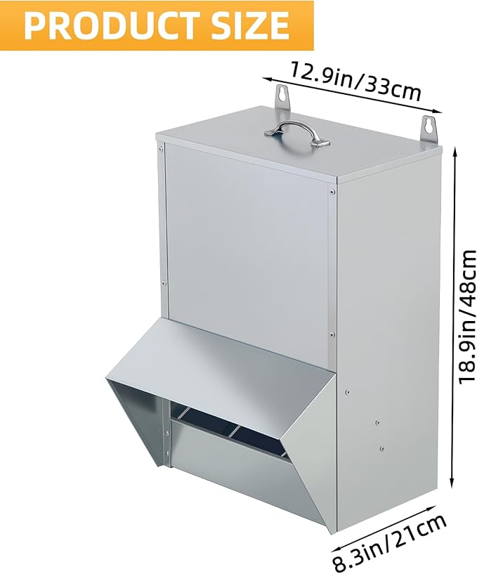 Galvanized Chicken Feeder Outdoor Poultry Feeder w/Lid Weatherproof,Easy refilling and Cleaning.NO Mess! NO Waste! (30LB Capacity)