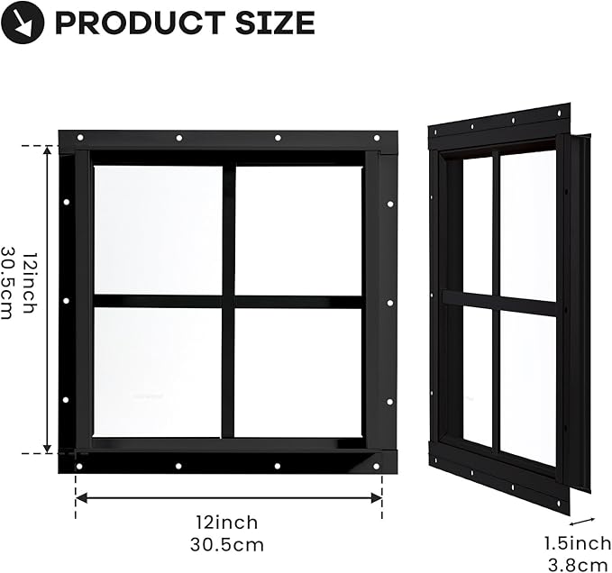 Shed Windows 2 Pack, Chicken Coop Windows 12" x 12" with Tempered Glass, Square Gable Flush Mounted Small Window for Shed, Playhouse, Household, Garage (Black)