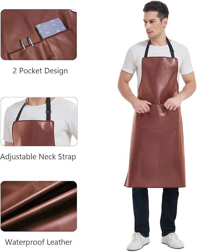Waterproof Apron, Heavy Duty Work Apron, Artificial Leather Apron Ideal for Chef,Butcher,Barber,Cleaning