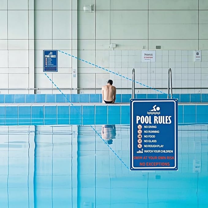 Metal Pool Safety Sign – Warning: Swim at Your Own Risk, No Diving, No Running – Weatherproof Outdoor Sign for Home Pools, Resorts, Beaches, and Water Parks – 8x12 Inches