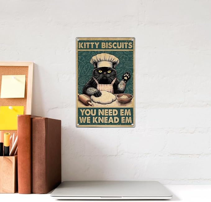 Biscuits Black Cat Wall Decor Funny Kitchen Retro Metal Sign Vintage Art Tin Poster Lovers Home Decoration 8 x 12 Inch Outdoor Indoor Aluminum