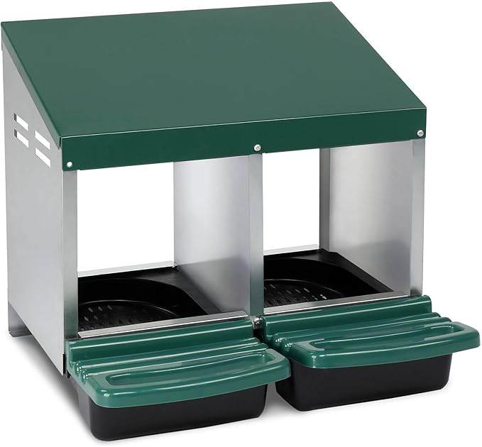 Chicken Nesting Boxes, 2 Compartment Roll Out Brooder Boxes for Poultry, Heavy Hens Roosting Box with Pull Out Egg Collection Tray and Protection, Ventilated Bottom, Chicken Coop (Green)