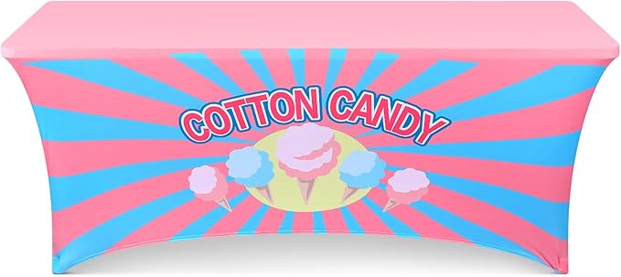 Oudain 6 ft Cotton Candy Stand Tablecloth Elastic Spandex Table Cover Cotton Candy Shop Pink Blue Banner Sign Table Cloth for Business Advertising Carnivals Party Outdoor Concession Stand