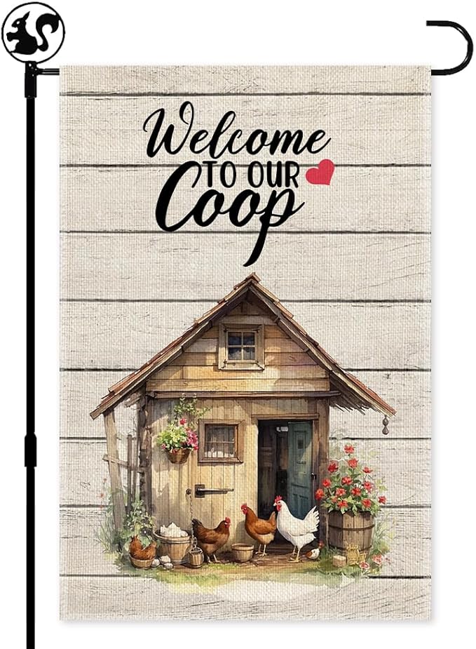 Welcom To Our Coop Garden Flag, 12x18 in Double Sided Farmhouse Chicken Coop Outdoor Decor Yard Flag Gifts, Welcome to the Farm Flags for Chickens Lover, Rustic Chicken Farm Commercial Use