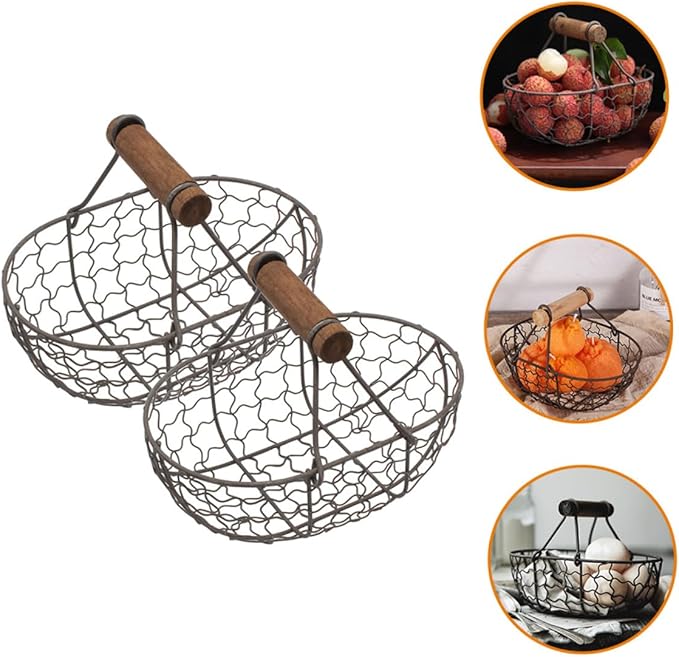 2pcs Farmhouse Style Wire Egg Basket with Wooden Handle, Small Metal Mesh Storage Basket for Kitchen Fruit, Bread, and Egg Organization in Gray Black