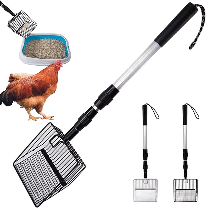 MOTUZP Chicken Poop Scooper Chicken Coop Rake Large Metal Chicken Coop Cleaning Tools 3-in-1 Stretchable Chicken Poop Scooper (22 to 42 in) for Chicken Coop Cleaning Supplies