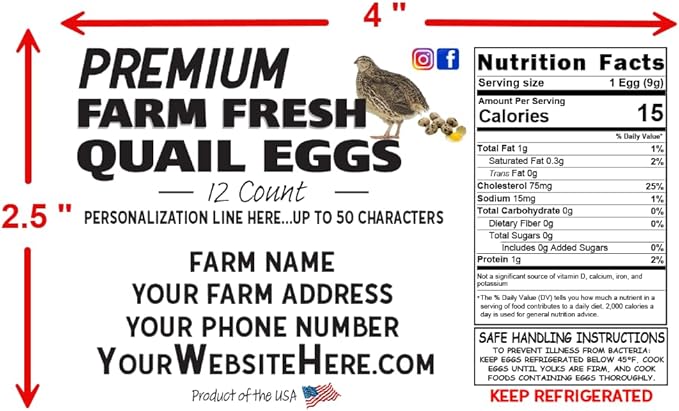 Jumbo Quail Egg Cartons with Custom Farm Labels for Coturnix Bobwhite Quail (12 Count, 50)