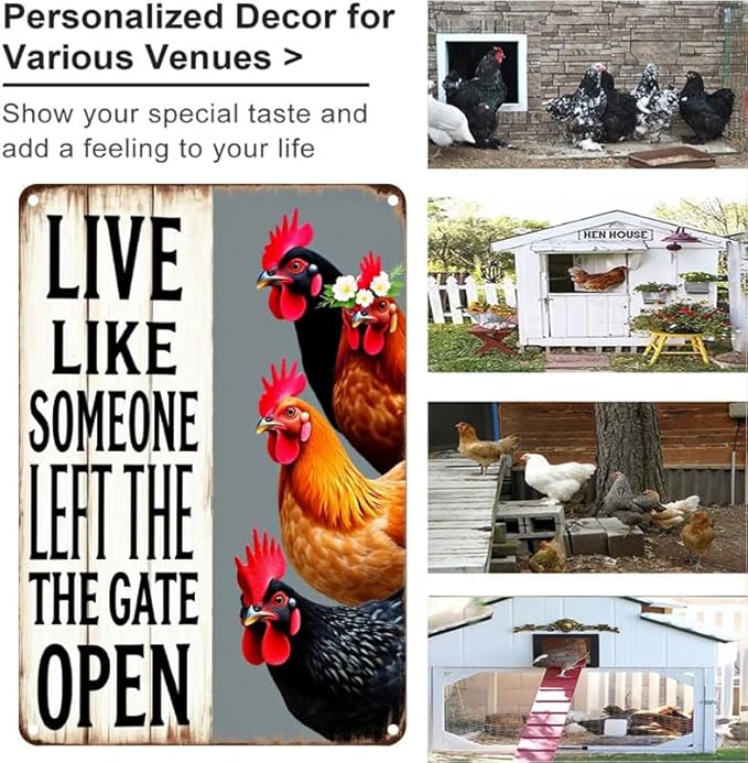 Chiken Gifts Vintage Chicken Decor Sign Live Like Someone Left The Gate Open Tin Sign for Home Chicken Coop Farm Fence Kitchen Bathroom Bedroom Wall Decor 8x12 Inches