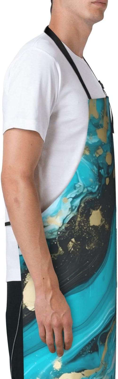 Aprons for Women with Pockets Waterproof Apron Adjustable Bib Turquoise Blue Gold Marble Apron Chef Apron