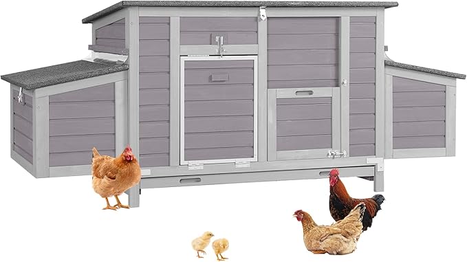 Chicken Coop with Nesting Box & Pull-Out Tray, Outdoor Hen House with UV-Resistant Roof, Leakproof Design & Spacious Run, for Poultry, Chickens, Rabbits (67" L x 25" W x 28" H)