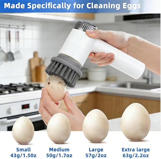 Layver Electric Egg Cleaner Brush Rechargeable Powerful Egg Washer for Fresh Eggs & Vegetable Brush with Battery Level Display,3 Speed Settings + 5 Replaceable Heads,Waterproof Design (White)
