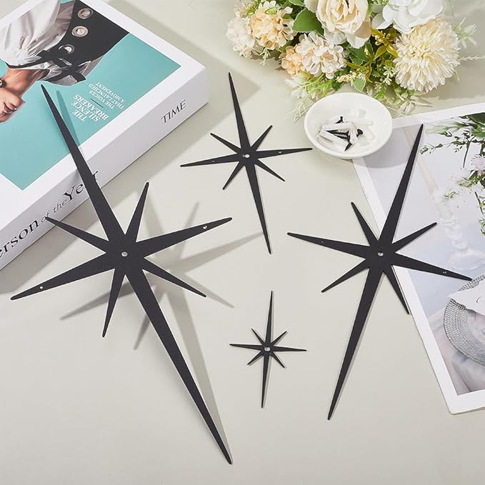 CREATCABIN 4Pcs Star Burst Wall Decor Black Mid Century Modern Metal Wall Art Sculpture Retro 8 Pointed Atomic Stars Celestial Hanging Ornament Accents for Home Bedroom Office Room Decoration