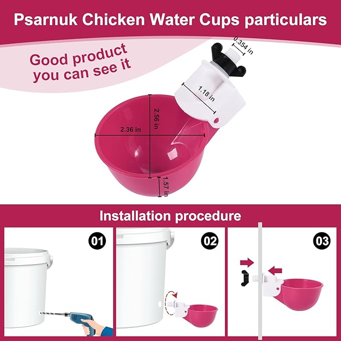 Chicken Waterer Cups (16 Pack/Purplish Red) - DIY Automatic Large Chicken Water Feeder for Ducks Quail and Various Poultry Dispenser with Matching Drill, Double Rubber Ring, Not Leaking Wate