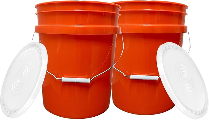 House Naturals 5 Gallon Scarlet Red Plastic Bucket Pail Food Grade BPA Free Made in USA pails with White Air Tight Screw on Lid (Pack of 2) (Scarlet Red with White EZ lid)