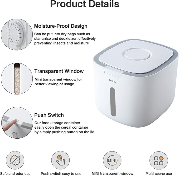 Rice Storage Container, Food Container, Dry Food Storage, Pet Food Dispenser, 20 Lbs/ 320oz Large Storage Bin with Lid, for Grain Cereal Soybean Corn, Cat Food, Coffee, Flour (Grey)