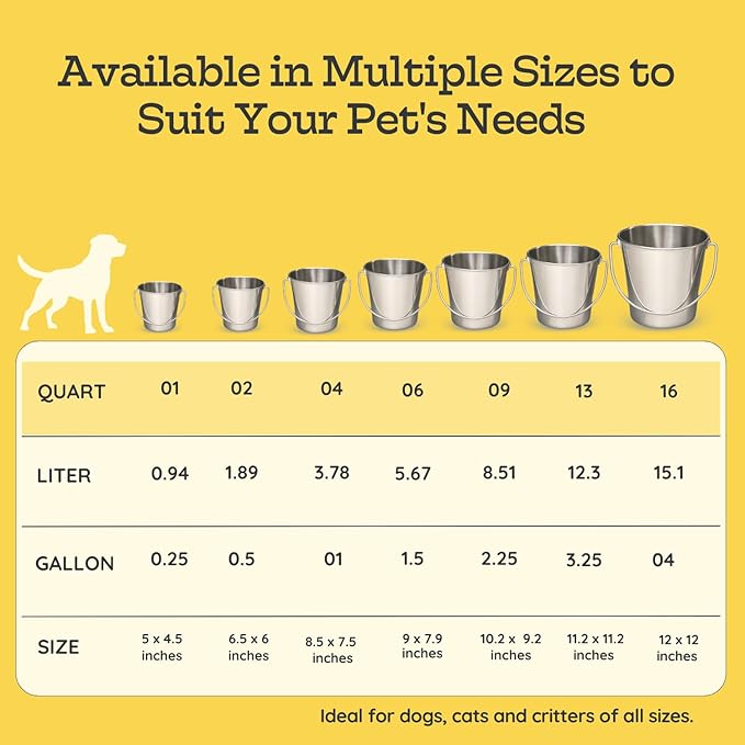 9 quart Heavy Duty Stainless Steel Round Bucket with Handle | 2.25 gal Sturdy Food & Water Bowl for XL Dog Goat sheep Horse & Livestock | Fits kennel Crate Farm | Hanging Utility Pet Pail