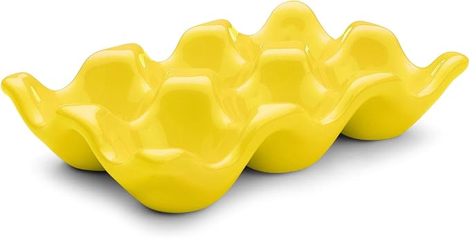 Flexzion Ceramic Egg Holder for Fridge - 6 Cups Egg Tray Half Dozen Porcelain Container Keeper Storage Organizer Decorative Serving Dish Serveware for Refrigerator Countertop Display Kitchen (Yellow)