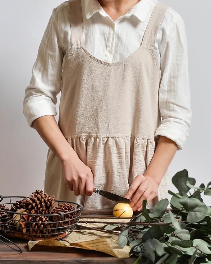 Cotton and linen Kitchen Cooking Aprons Dress for Women with Pockets Cute for Baking Painting Gardening Cleaning