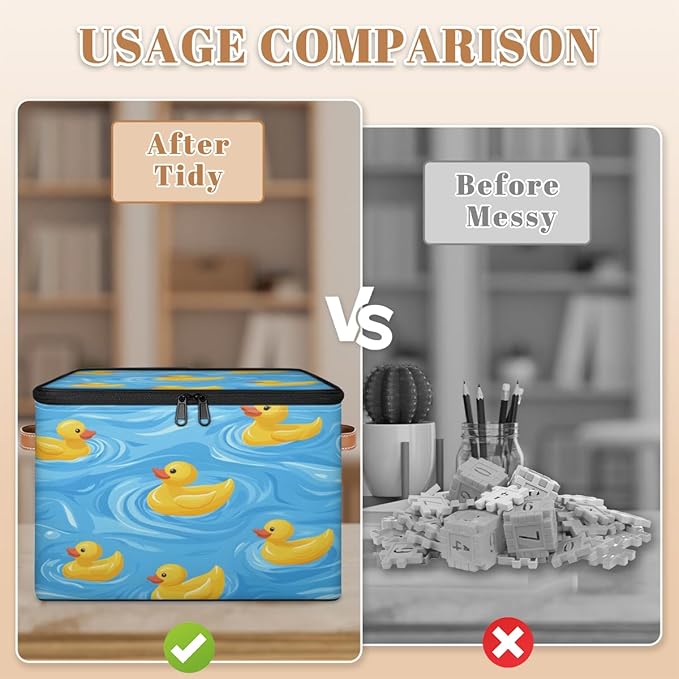 Cartoon Duck Storage Bins with Zipper Lid, Rubber Duck Lidded Storage Baskets Boxes Foldable Organizer with Leather Handles for Clothes Closet Shelf