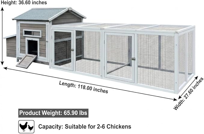 118" Large Wooden Chicken Coop with Run - Outdoor Hen House for 4-6 Chickens, Poultry Habitat Supplies with Chicken Nesting Box, Ventilated Window, Free-Range Door & Slide-Out Tray