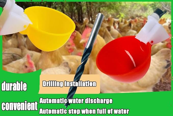 Poultry Waterer Cups 10 Packs Chicken Water Cups for PVC with Tee Automatic Chicken Waterer Kit for Poultry Chicks Duck Goose Turkey Bird and Bunny with Mounting Hole Opener (Yellow)