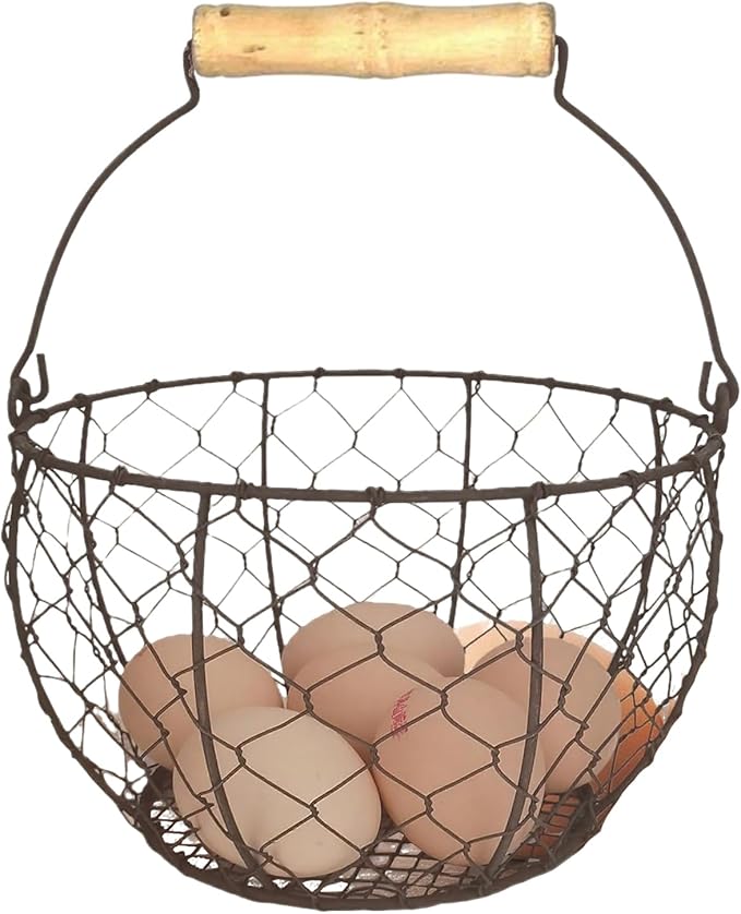 Chicken Egg Basket for Gathering Fresh Eggs with Metal Handle, Round Egg Holder Countertop, Vintage Rustic Farmhouse Kitchen Decor Fruit Storage
