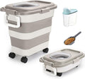 Beyoung 25-28lbs Airtight Dog Food Storage Containers with Wheels and Lids, Collapsible Pet Food Storage Bins with Handle, 50lb Rice Storage Bucket with Scoop, Dry Food Storage Bins (Khaki)
