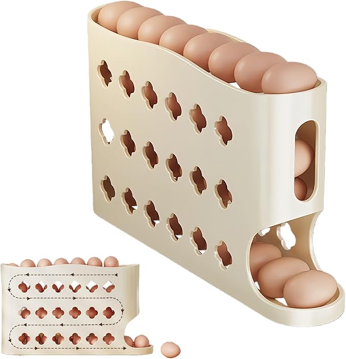 2026 Egg Holder for Fridge, Eggs Dispenser Auto Rolling, No Assembly Required Easy Access, Save Refrigerator Space, And Prevent Egg from Breaking, Large Capacity / Holds 30 Eggs (Beige)