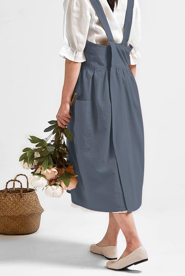NEWGEM Cotton Linen Cross Back Apron for Women with Pockets Japanese Kitchen Cooking Aprons Blue Grey