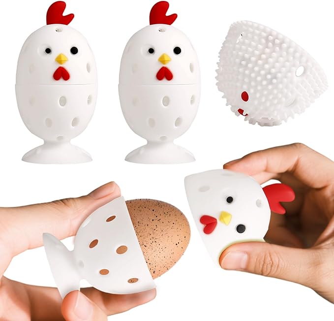 4PCS Egg Wash Brush Silicone Cleaning Brush for Fresh Eggs, Reusable Egg Cleaner Rotating Scrubber for Fruits, Vegetables, Chick Shaped Egg Washer Tool (White)